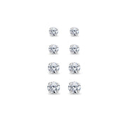 4 Pair Set 14K White Gold Cubic Zirconia Round Stud Earrings, 2mm 3mm 4mm 5mm