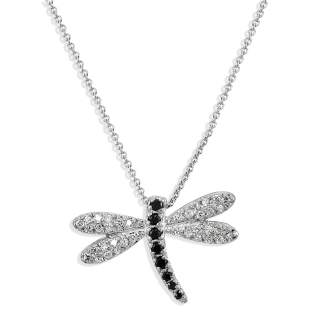 Sterling Silver Clear & Black Cubic Zirconia Dragonfly Necklace