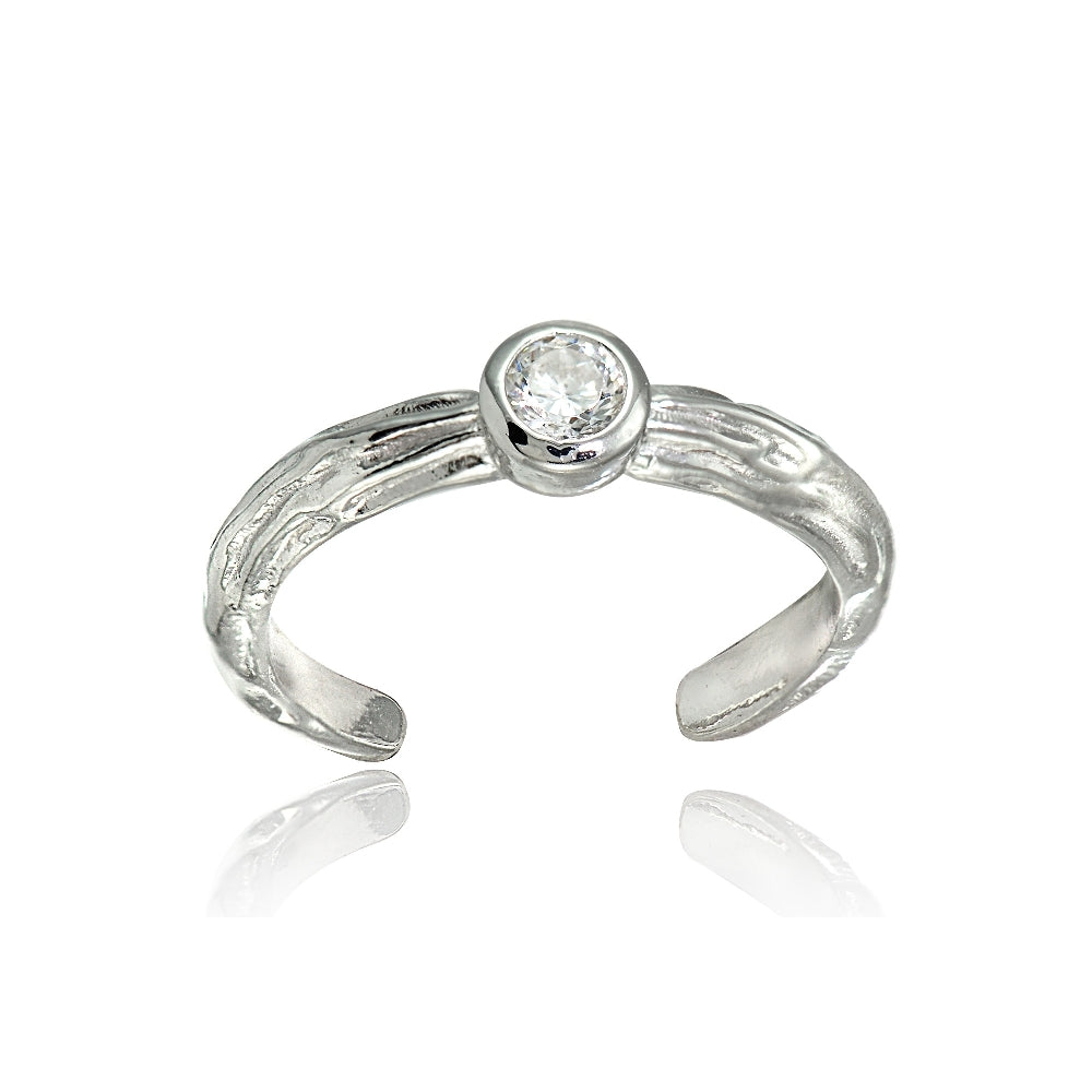 Sterling Silver Cubic Zirconia Bezel-Set Hammered Toe Ring
