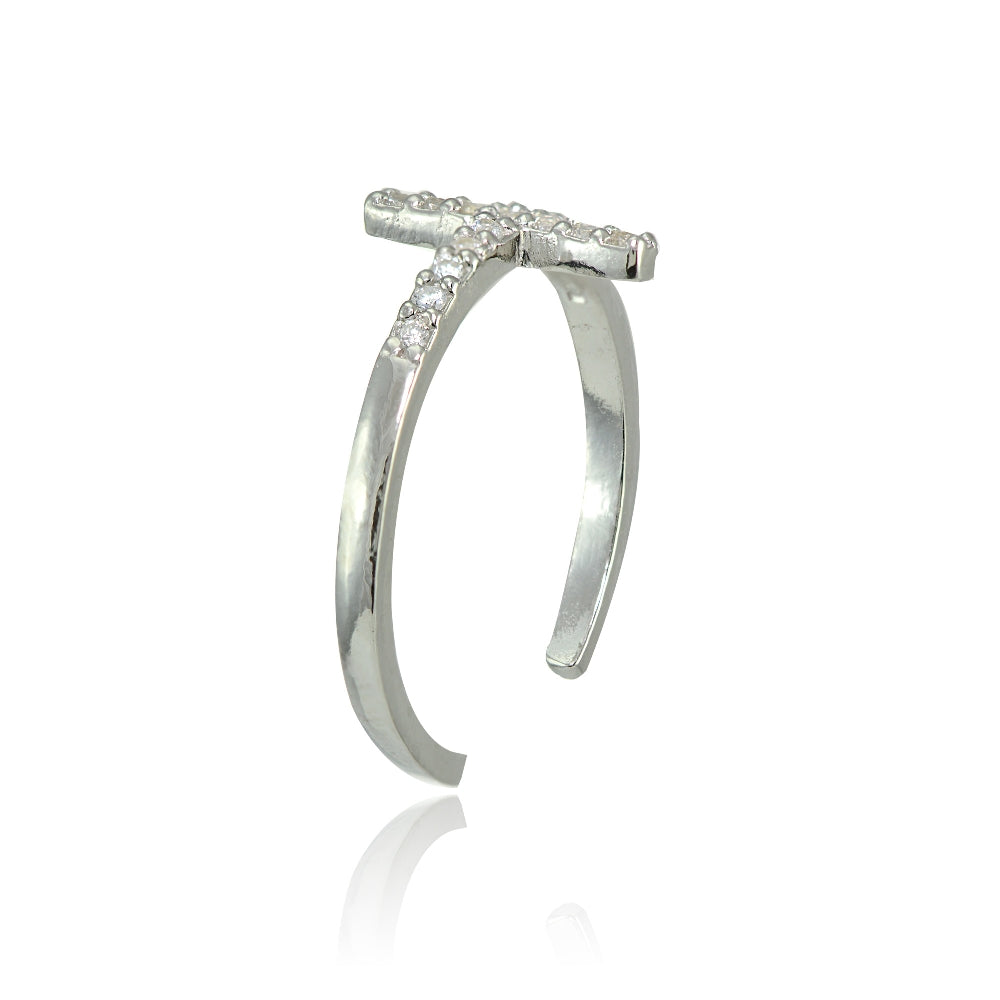 Sterling Silver Cubic Zirconia Sideways Cross Toe Ring-2