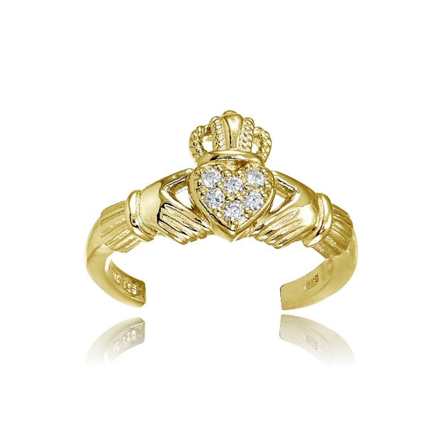 Yellow Gold Flashed Sterling Silver Cubic Zirconia Claddagh Toe Ring