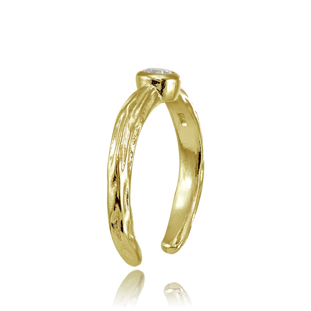Yellow Gold Flashed Sterling Silver Cubic Zirconia Bezel-Set Hammered Toe Ring-2
