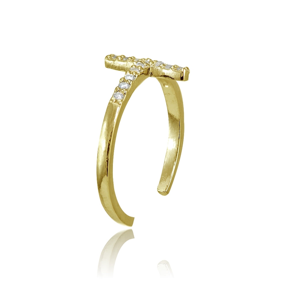 Yellow Gold Flashed Sterling Silver Cubic Zirconia Sideways Cross Toe Ring-2