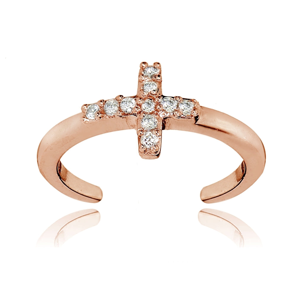Rose Gold Flashed Sterling Silver Cubic Zirconia Cross Toe Ring