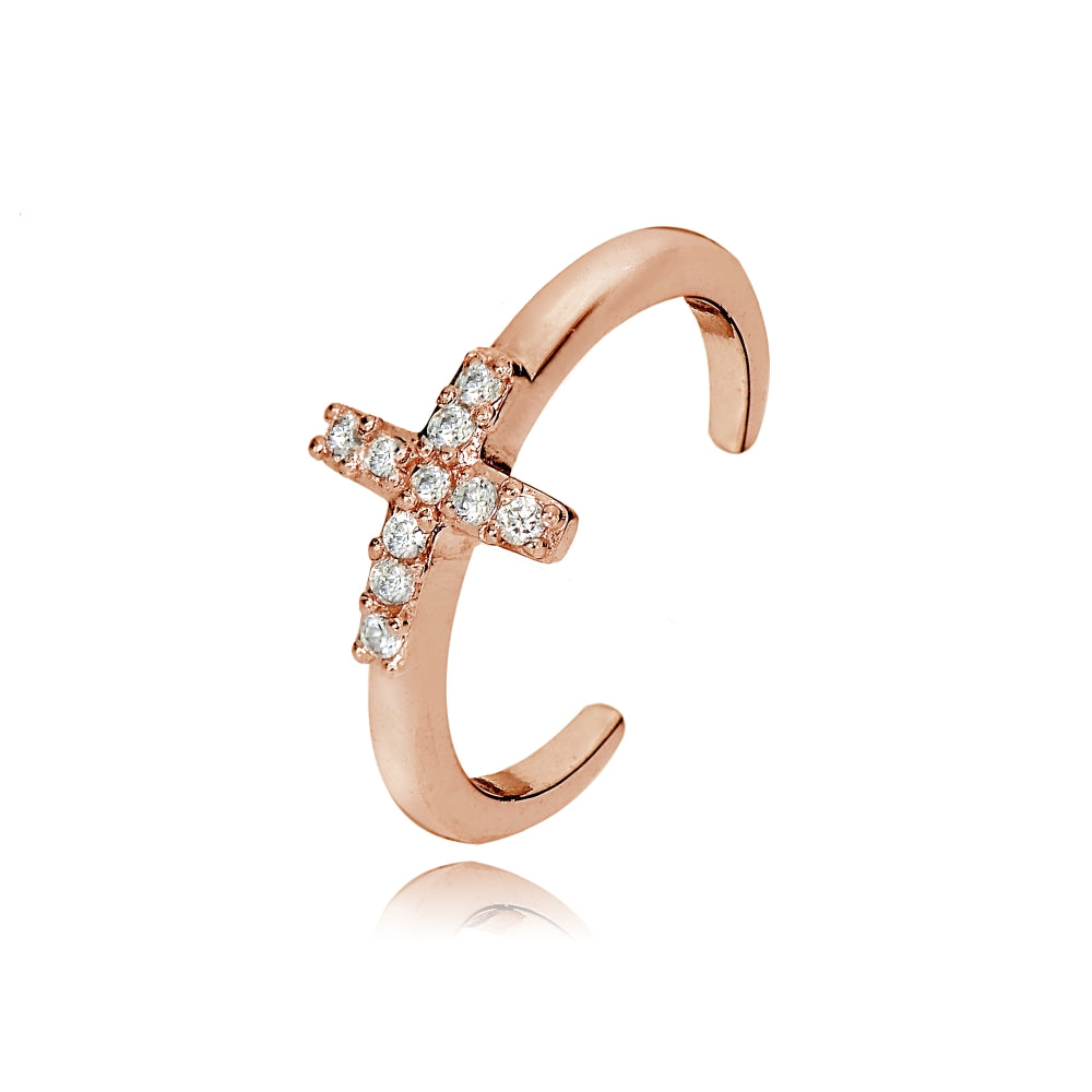 Rose Gold Flashed Sterling Silver Cubic Zirconia Cross Toe Ring-2
