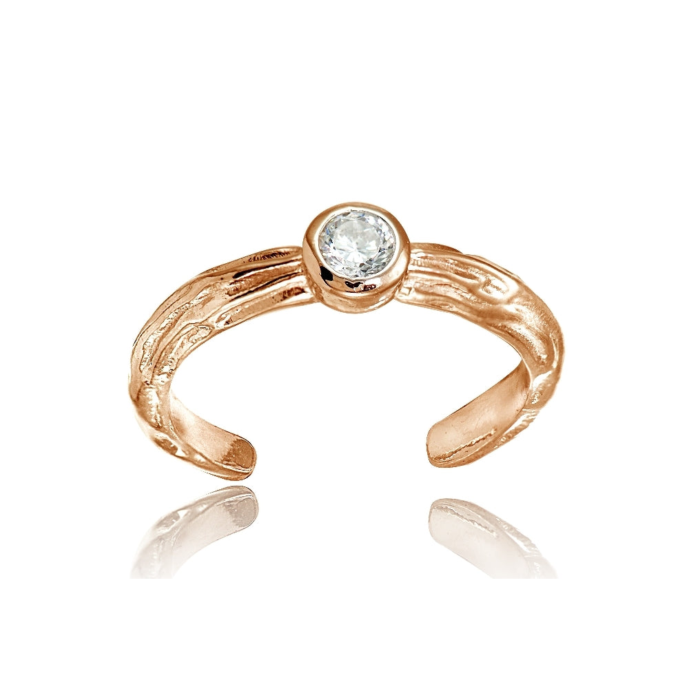 Rose Gold Flashed Sterling Silver Cubic Zirconia Bezel-Set Hammered Toe Ring