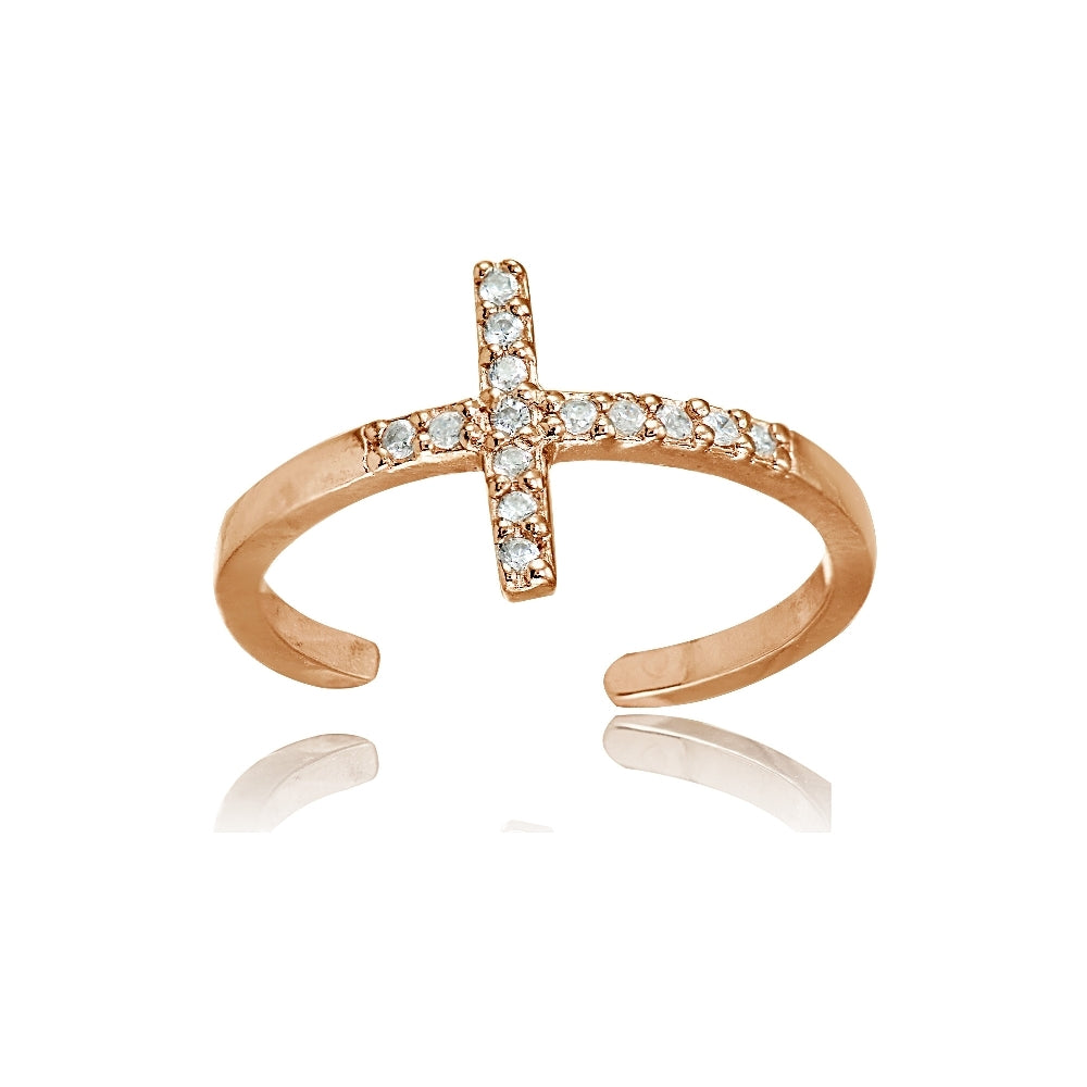 Rose Gold Flashed Sterling Silver Cubic Zirconia Sideways Cross Toe Ring