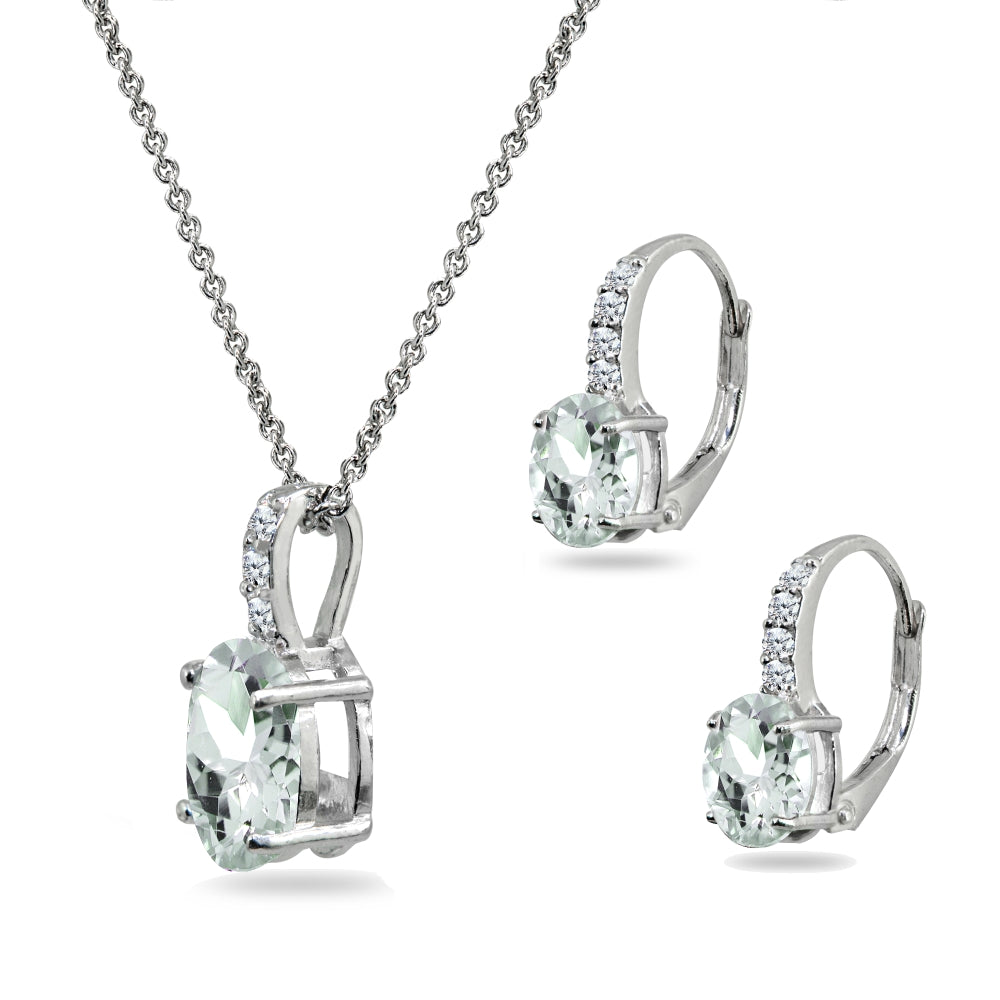 Sterling Silver Light Aquamarine Oval-Cut Pendant Necklace & Leverback Huggie Earrings Set with CZ Accents-2